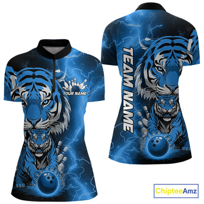 Custom Blue Thunder Lightning Tiger Bowling Quarter-Zip Shirts For Women, Team Outfit IPHW9094