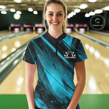 Load image into Gallery viewer, Person wearing a custom bowling shirt with a logo and text in a bowling alley.