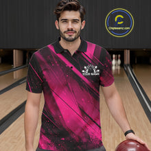Load image into Gallery viewer, Man wearing a pink and black bowling shirt with a logo in a bowling alley.