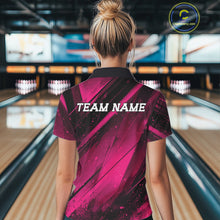 Load image into Gallery viewer, Person wearing a pink and black bowling shirt with 'TEAM NAME' text in a bowling alley.