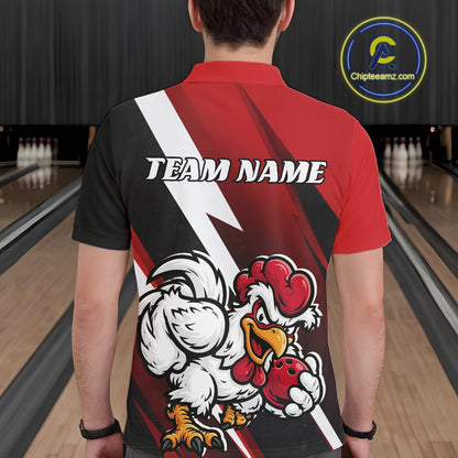 A man viewed from behind wearing a custom short-sleeve athletic polo shirt in a bowling alley. The shirt features a red, black, and white diagonal graphic design with a cartoon rooster mascot holding a red bowling ball and the text 'TEAM NAME' across the upper back.