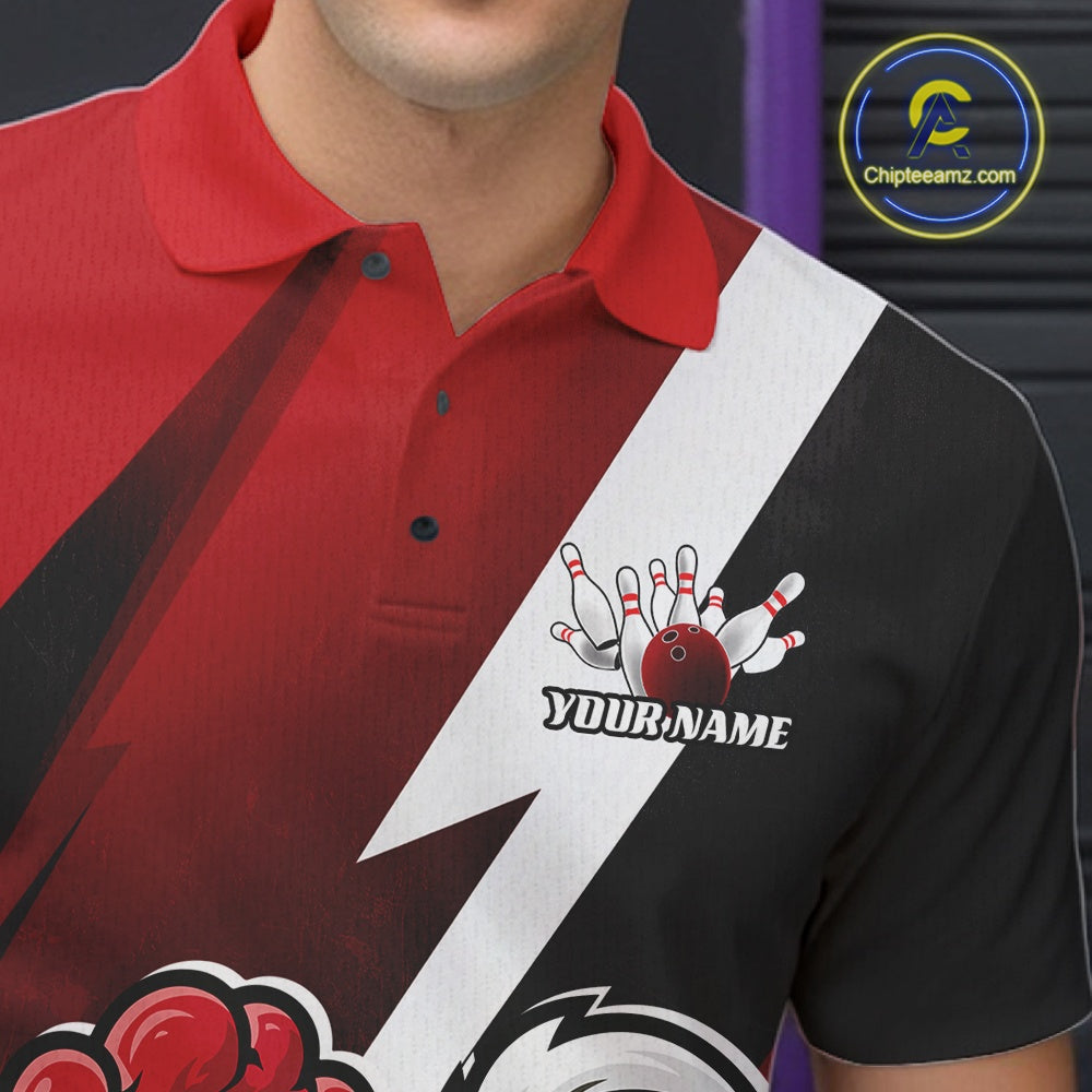 A close-up of a man wearing a short-sleeve polo shirt with a red, black, and white lightning-bolt graphic design and bowling pins/ball graphics. The shirt has a red collar and the text 'YOUR NAME' printed on the chest.