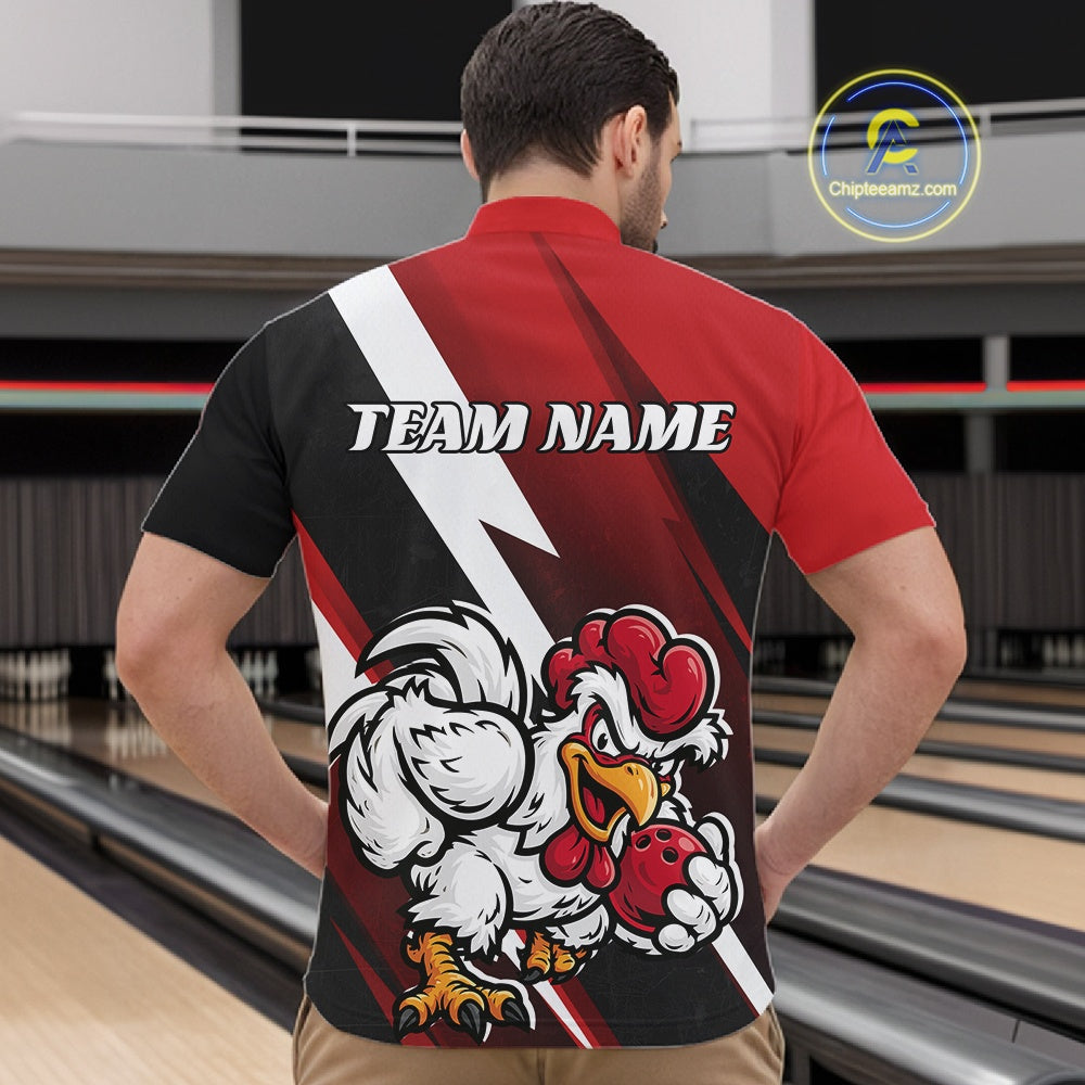 A man viewed from behind wearing a custom-designed bowling shirt with a red, black, and white graphic design featuring a cartoon rooster mascot and the text 'TEAM NAME'. The background shows bowling lanes.