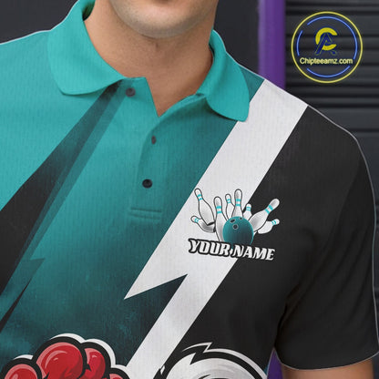 A close-up of a person wearing a short-sleeve polo shirt with a teal collar and shoulders, a black and white diagonal graphic body, and bowling-themed print details including pins, a bowling ball, and the text 'YOUR NAME'.