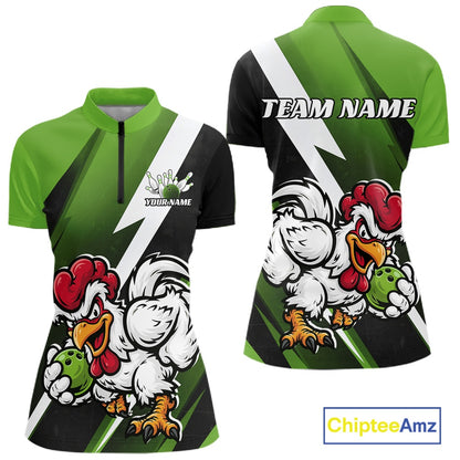 Front and back views of a short-sleeve athletic polo shirt with a green and black graphic design featuring cartoon rooster illustrations, white lightning bolts, and customizable text areas including 'TEAM NAME' and 'YOUR NAME'.