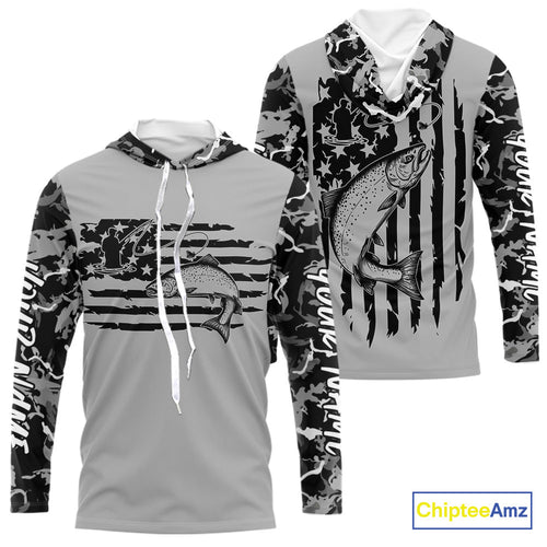 Custom Gray Camo US Flag Patriotic Trout Fly Fishing Long Sleeve Hooded Tournament Fishing Shirts IPHW9669