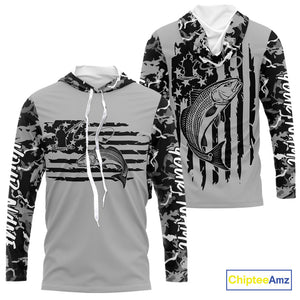 Custom Gray Camo US Flag Patriotic Redfish Fishing Long Sleeve Hooded Tournament Fishing Shirts IPHW9671