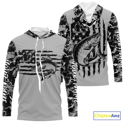 Custom Gray Camo US Flag Patriotic Salmon Fishing Long Sleeve Hooded Tournament Fishing Shirts IPHW9672