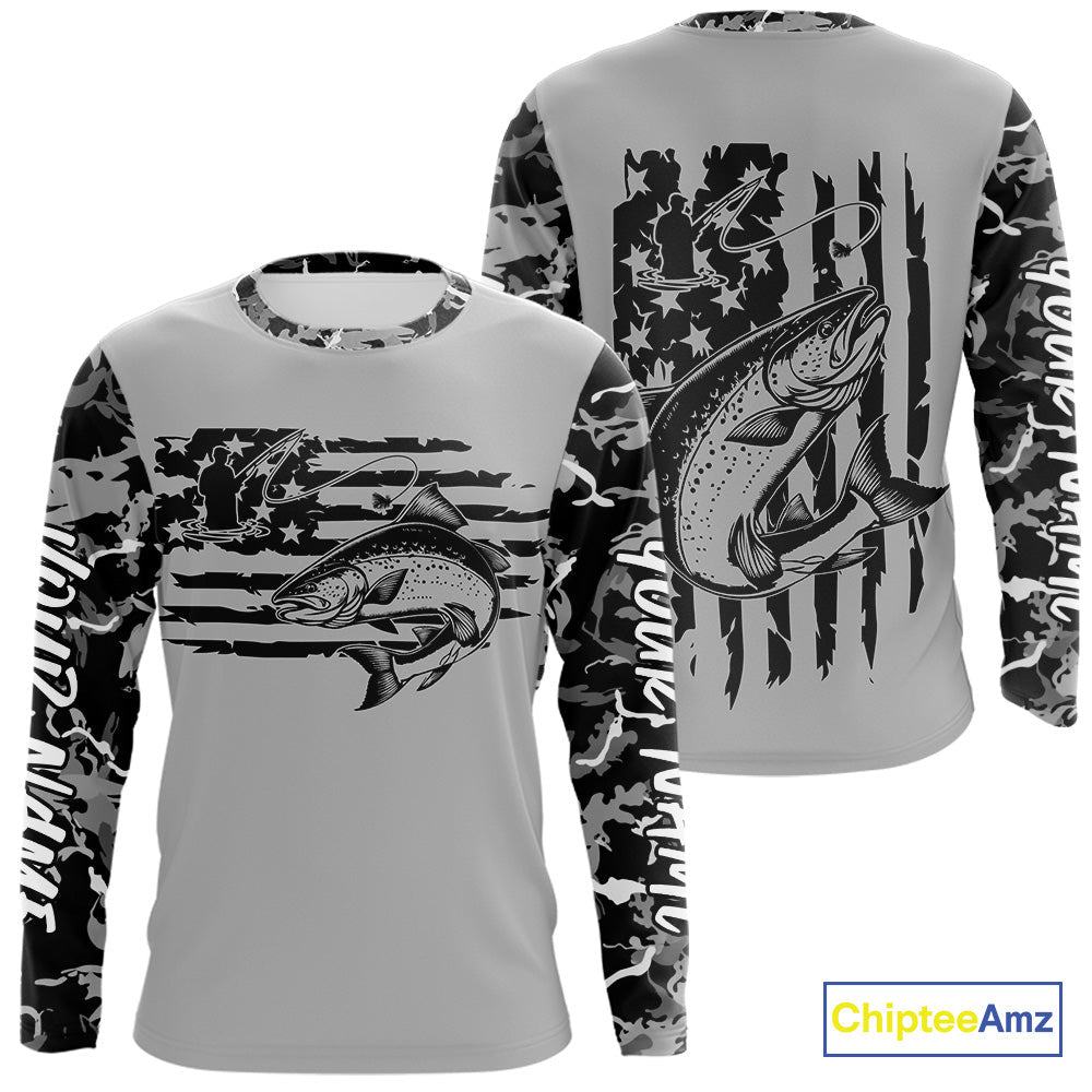 Custom Gray Camo US Flag Patriotic Salmon Fishing Long Sleeve Tournament Fishing Shirts IPHW9672