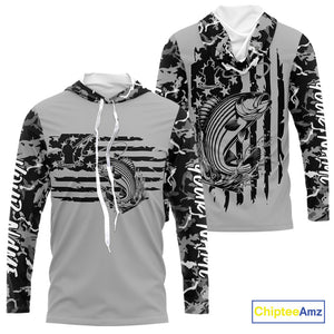 Custom Gray Camo US Flag Patriotic Striped Bass Long Sleeve Hooded Tournament Fishing Shirts IPHW9673