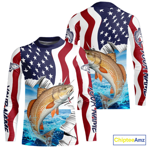 Custom Patriotic US Flag Redfish Kid Long Sleeve Performance Fishing Shirt, Redfish Fishing Jersey IPHW9674