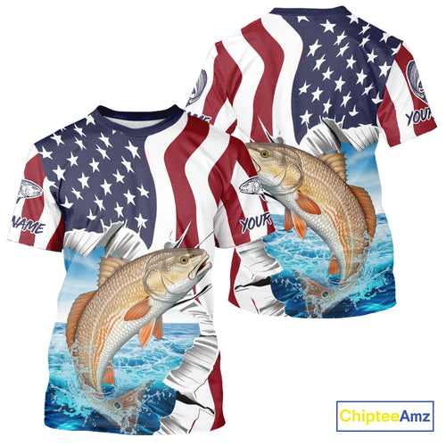 Custom Patriotic US Flag Redfish Performance Fishing T-Shirt, Redfish Fishing Jersey IPHW9674