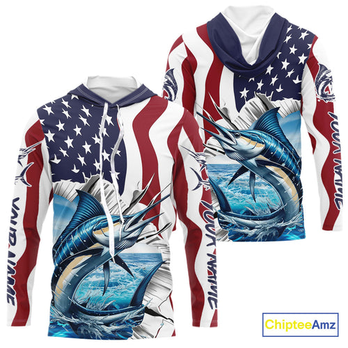 Custom Patriotic US Flag Marlin Long Sleeve Hooded Fishing Shirt, Marlin Fishing Jersey IPHW9675