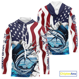 Custom Patriotic US Flag Sailfish Long Sleeve Hooded Fishing Shirt, Sailfish Fishing Jersey IPHW9676