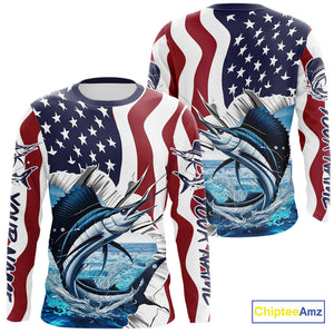 Custom Patriotic US Flag Sailfish Long Sleeve Performance Fishing Shirt, Sailfish Fishing Jersey IPHW9676