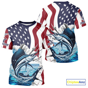 Custom Patriotic US Flag Sailfish Performance Fishing T-Shirt, Sailfish Fishing Jersey IPHW9676