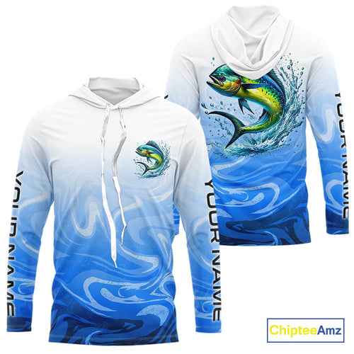 Blue Camo Mahi Mahi Fishing Custom Long Sleeve Hooded Shirts, Mahimahi Saltwater Fishing Apparel IPHW9678
