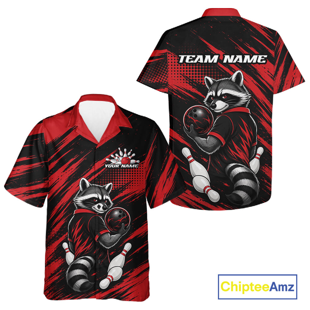 Custom Black And Red Cool Looking Raccoon Bowling Jersey, Funny Bowling Men And Women Button Up Shirt IPHW11861