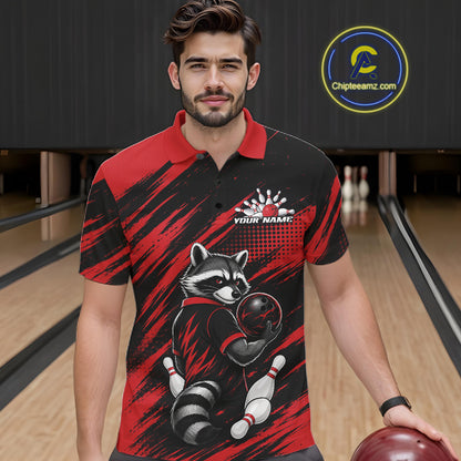 Custom Black And Red Cool Looking Raccoon Bowling Jersey, Funny Bowling Men Polo Shirt IPHW11861
