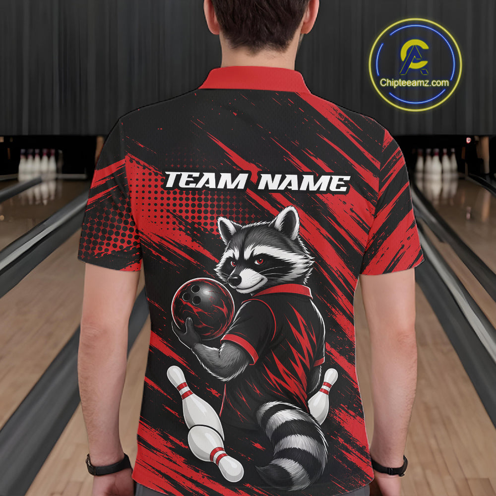 Custom Black And Red Cool Looking Raccoon Bowling Jersey, Funny Bowling Men Polo Shirt IPHW11861