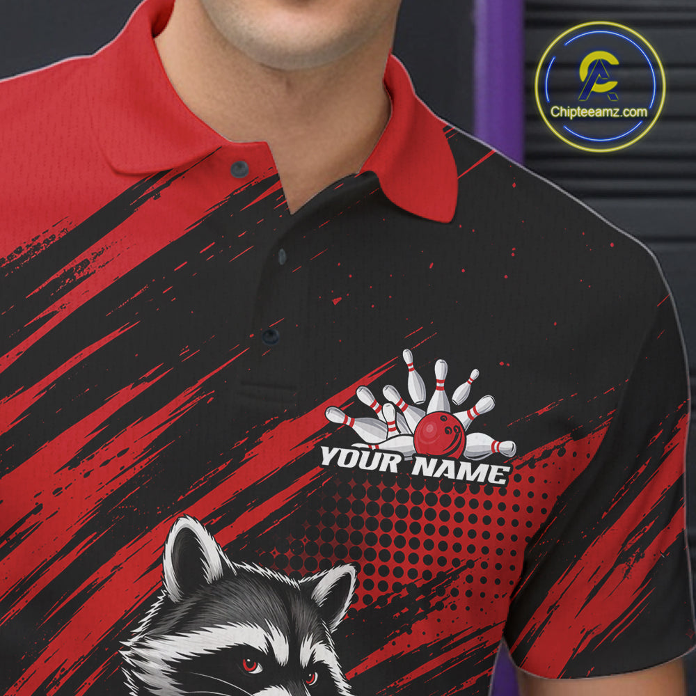 Custom Black And Red Cool Looking Raccoon Bowling Jersey, Funny Bowling Men Polo Shirt IPHW11861