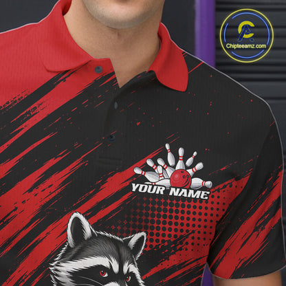 Custom Black And Red Cool Looking Raccoon Bowling Jersey, Funny Bowling Men Polo Shirt IPHW11861