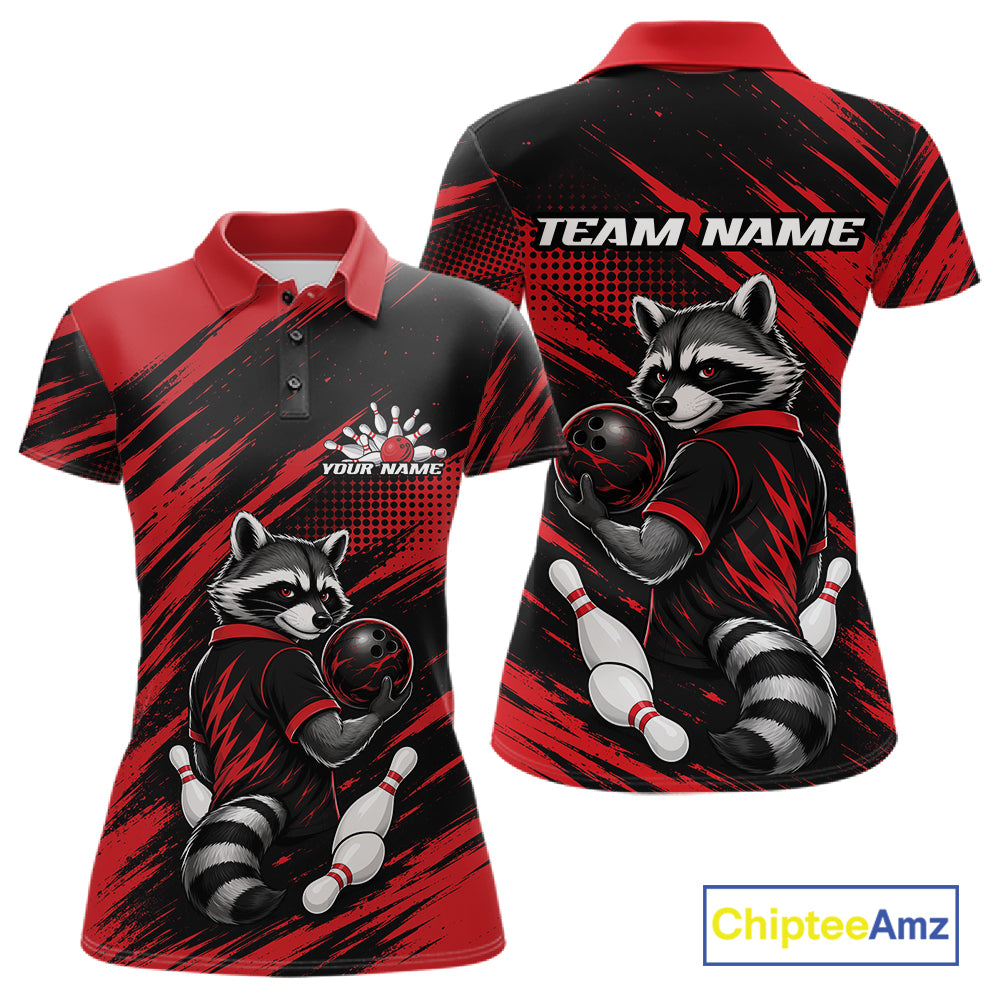 Custom Black And Red Cool Looking Raccoon Bowling Jersey, Funny Bowling Women Polo Shirt IPHW11861
