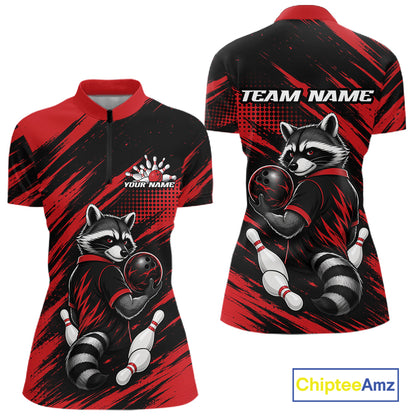Custom Black And Red Cool Raccoon Bowling Jersey, Funny Bowling Women Quarter-Zip Shirt IPHW11861