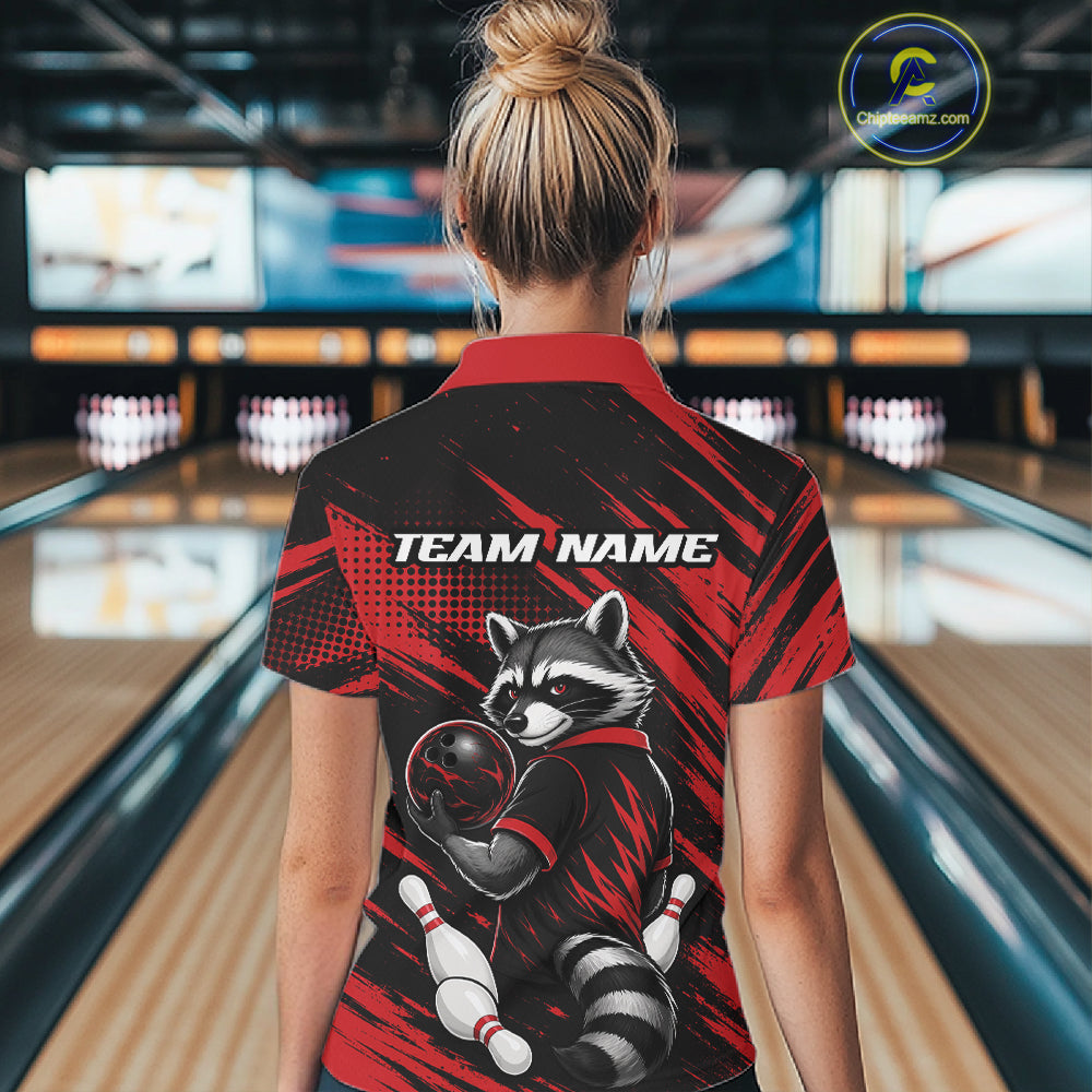 Custom Black And Red Cool Raccoon Bowling Jersey, Funny Bowling Women Quarter-Zip Shirt IPHW11861