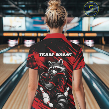 Custom Black And Red Cool Raccoon Bowling Jersey, Funny Bowling Women Quarter-Zip Shirt IPHW11861