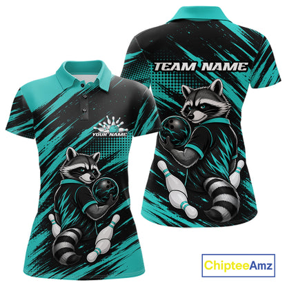 Custom Turquoise Blue Cool Looking Raccoon Bowling Jersey, Funny Bowling Women Polo Shirt IPHW11862