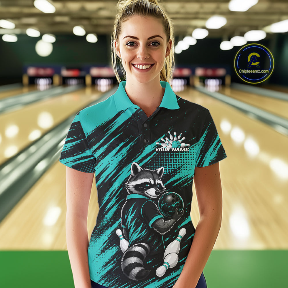 Custom Turquoise Blue Cool Looking Raccoon Bowling Jersey, Funny Bowling Women Polo Shirt IPHW11862