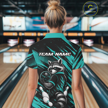 Custom Turquoise Blue Cool Looking Raccoon Bowling Jersey, Funny Bowling Women Polo Shirt IPHW11862