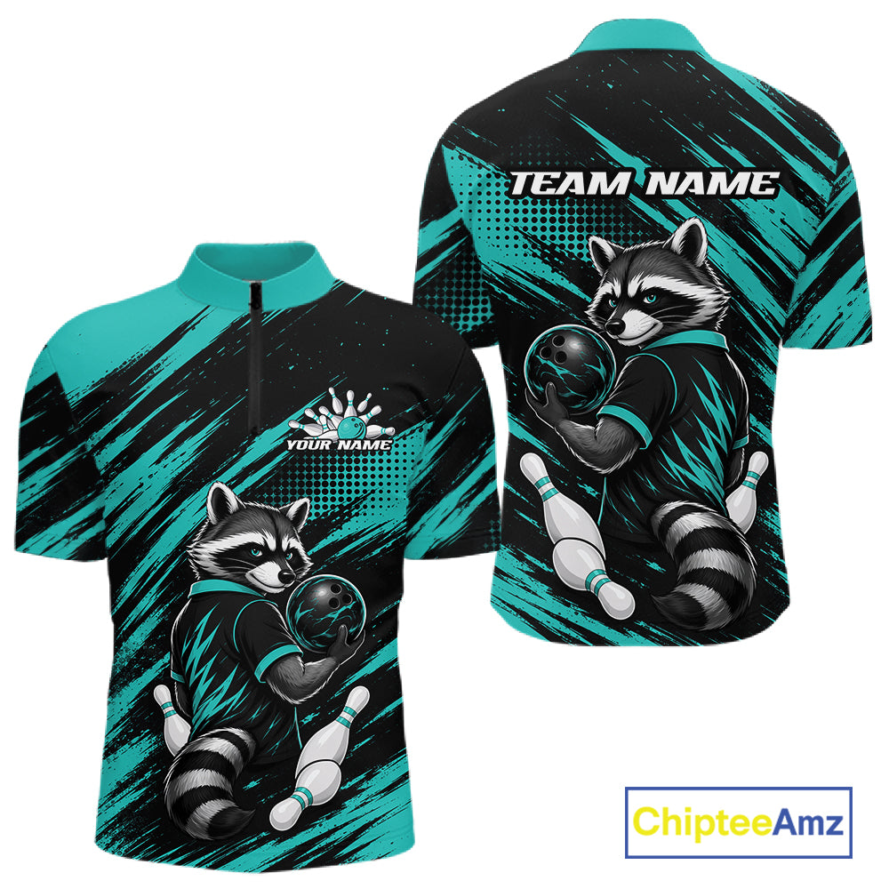 Custom Turquoise Blue Cool Looking Raccoon Bowling Jersey, Funny Bowling Men Quarter Zip Shirt IPHW11862