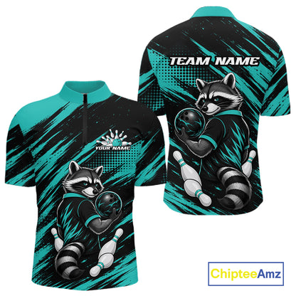 Custom Turquoise Blue Cool Looking Raccoon Bowling Jersey, Funny Bowling Men Quarter Zip Shirt IPHW11862