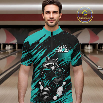 Custom Turquoise Blue Cool Looking Raccoon Bowling Jersey, Funny Bowling Men Quarter Zip Shirt IPHW11862