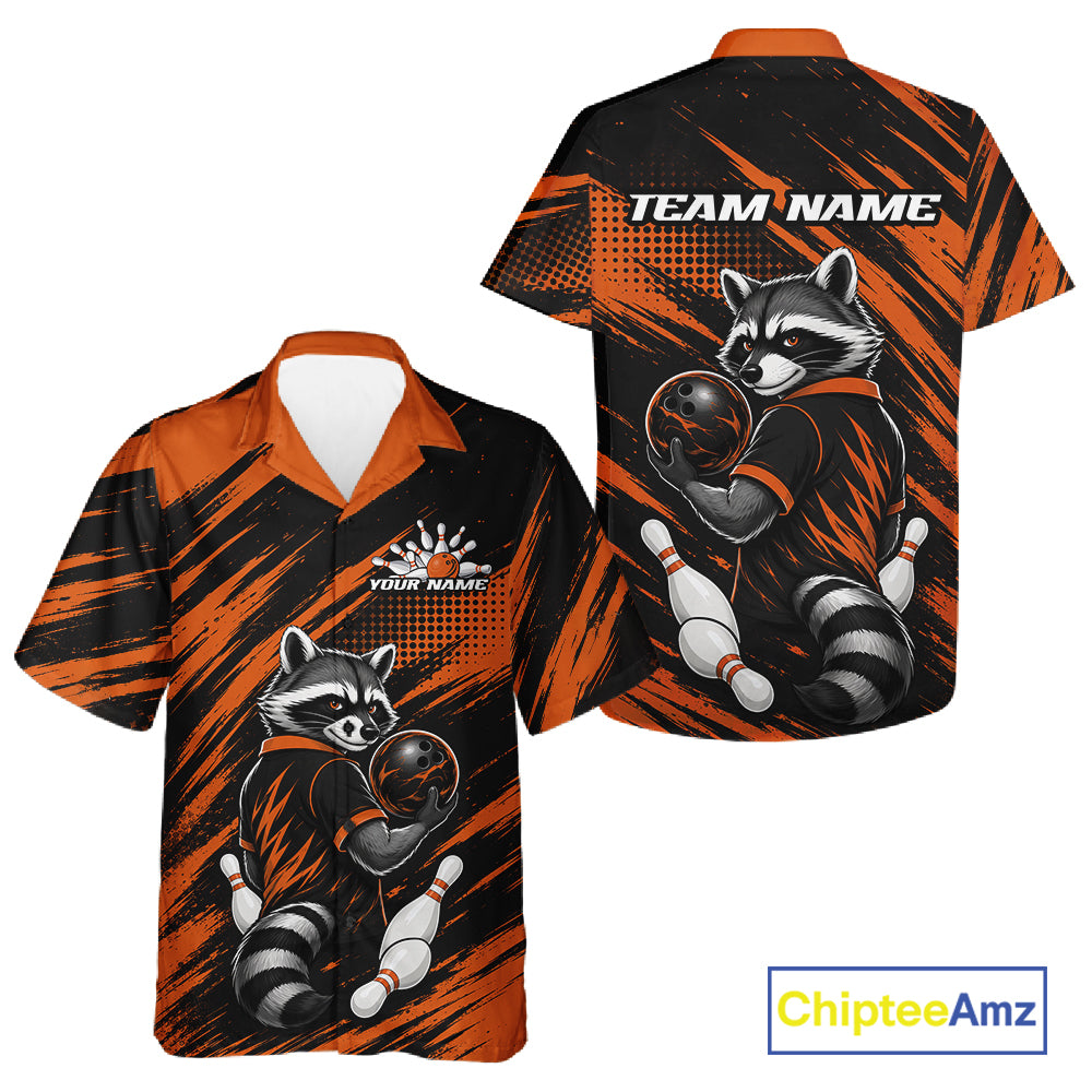 Custom Black And Orange Cool Looking Raccoon Bowling Jersey, Funny Bowling Men And Women Button Up Shirt IPHW11863