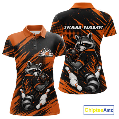 Custom Black And Orange Cool Looking Raccoon Bowling Jersey, Funny Bowling Women Polo Shirt IPHW11863