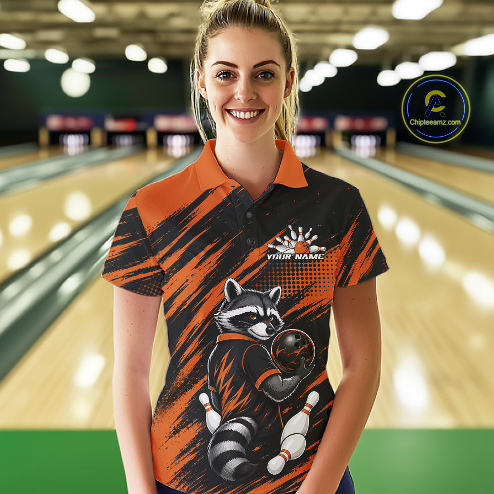 Custom Black And Orange Cool Looking Raccoon Bowling Jersey, Funny Bowling Women Polo Shirt IPHW11863