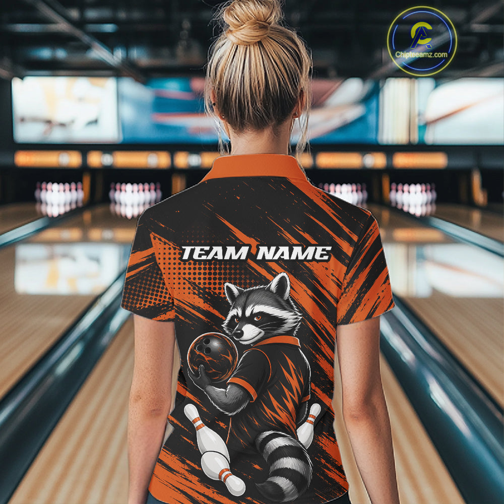 Custom Black And Orange Cool Looking Raccoon Bowling Jersey, Funny Bowling Women Polo Shirt IPHW11863