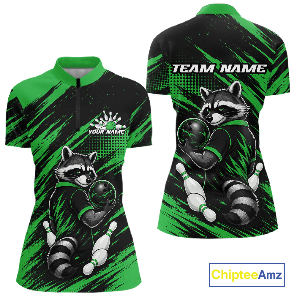 Custom Black And Green Cool Raccoon Bowling Jersey, Funny Women Quarter-Zip Shirt IPHW11864