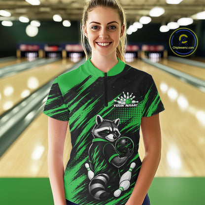 Custom Black And Green Cool Raccoon Bowling Jersey, Funny Women Quarter-Zip Shirt IPHW11864