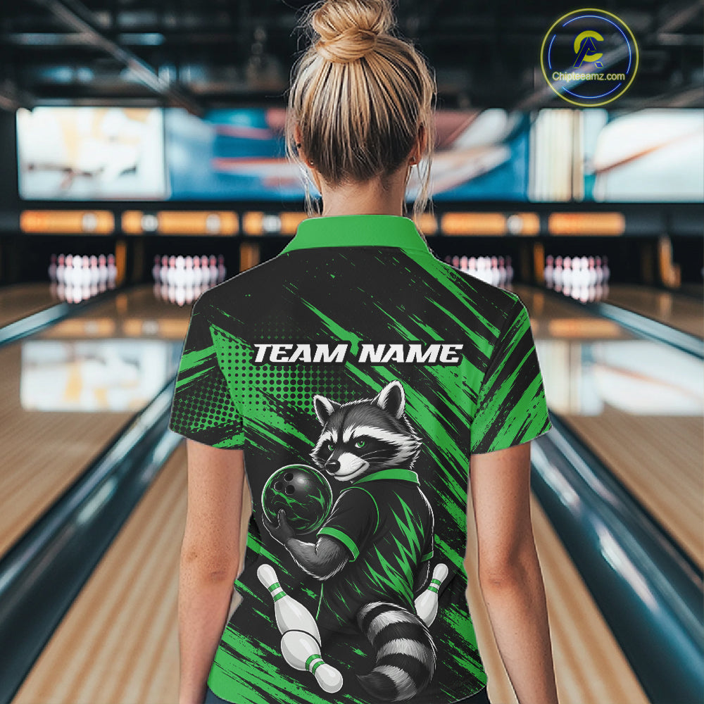 Custom Black And Green Cool Raccoon Bowling Jersey, Funny Women Quarter-Zip Shirt IPHW11864