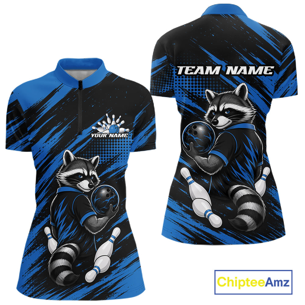 Custom Black And Blue Cool Raccoon Bowling Jersey, Funny Bowling Women Quarter-Zip Shirt IPHW11865