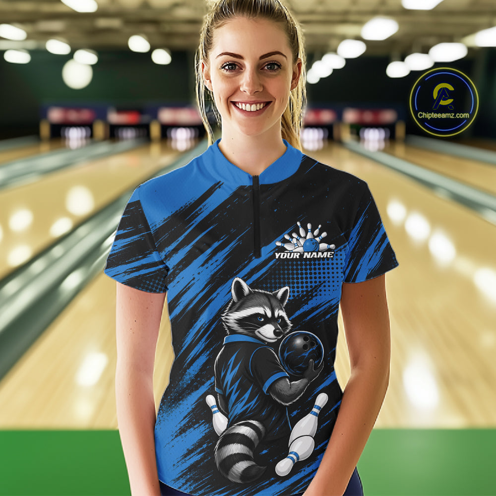 Custom Black And Blue Cool Raccoon Bowling Jersey, Funny Bowling Women Quarter-Zip Shirt IPHW11865
