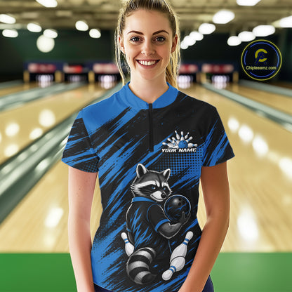 Custom Black And Blue Cool Raccoon Bowling Jersey, Funny Bowling Women Quarter-Zip Shirt IPHW11865
