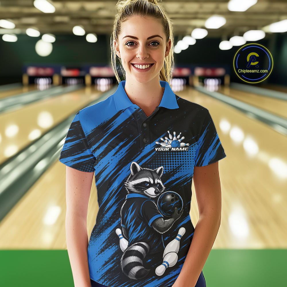 Custom Black And Blue Cool Raccoon Bowling Jersey, Funny Bowling Women Quarter-Zip Shirt IPHW11865