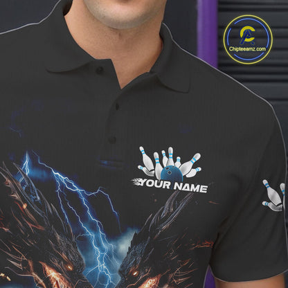 Custom Blue Lightning Flame Dragons Bowling Men Polo Shirt, Fire Dragon Bowling Jerseys IPHW9815