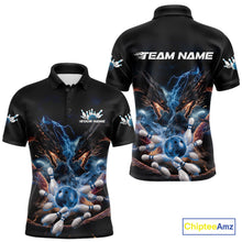 Load image into Gallery viewer, Custom Blue Lightning Flame Dragons Bowling Men Polo Shirt, Fire Dragon Bowling Jerseys IPHW9815
