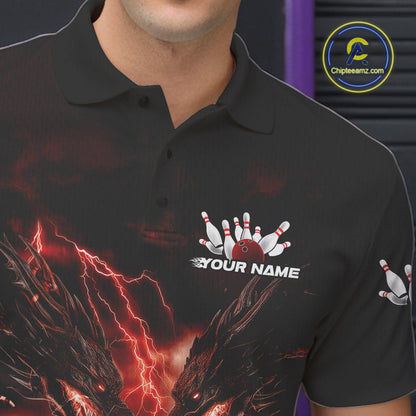 Custom Red Lightning Flame Dragons Bowling Men Polo Shirt, Fire Dragon Bowling Jerseys IPHW9816